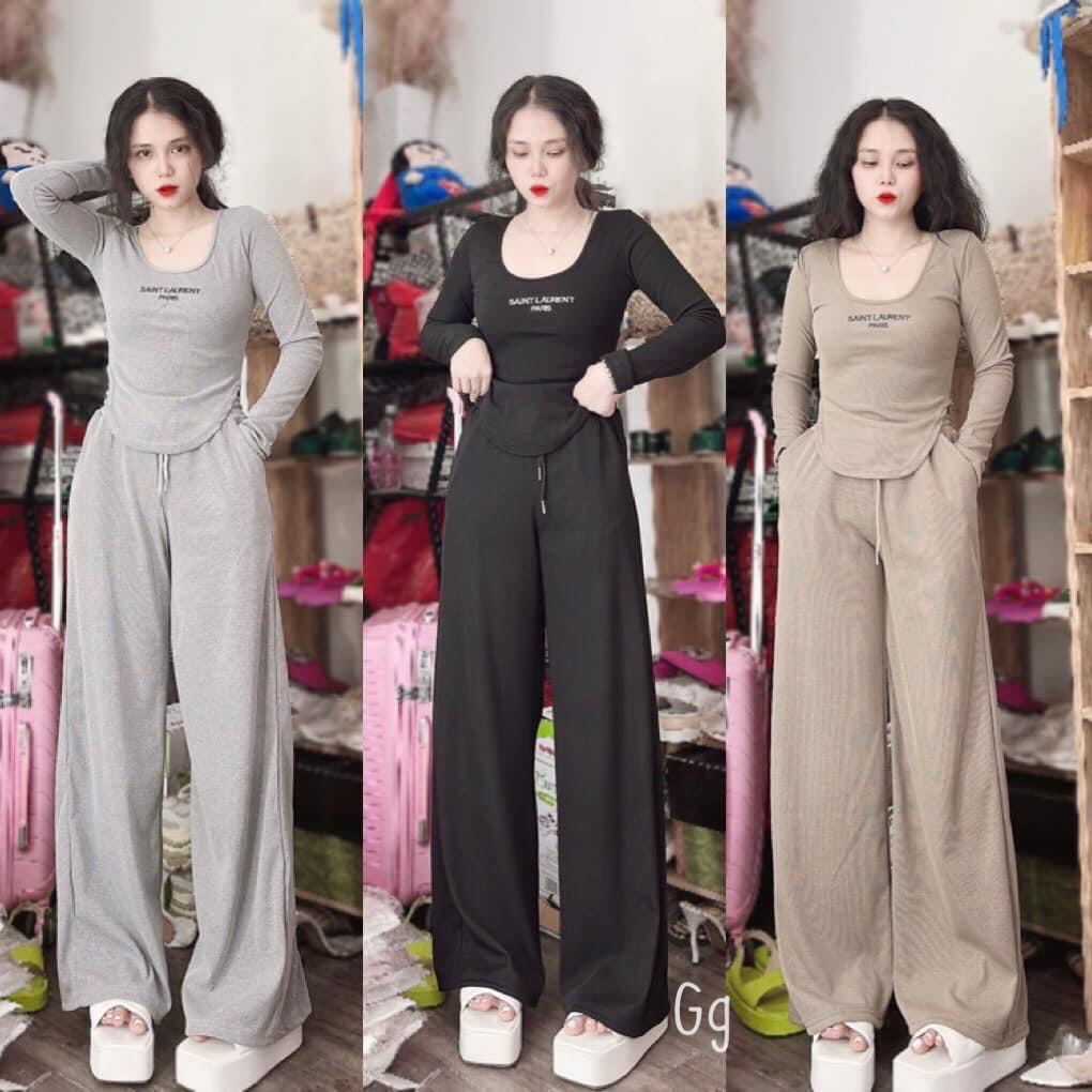 Sét bộ áo tay dài cổ vuông vạt bầu in chữ phối quần ống suông cực hot , chất thun mềm mịn
