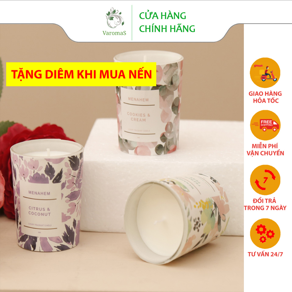 Nến Thơm Phòng VaromaS Thiên Nhiên Menahem Thư Giãn Không Khói Candle Cup Thơm Phòng Ngủ Tinh Dầu Thiên Nhiên NEN10 50g