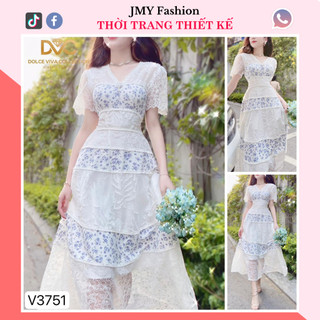 V3751 Váy trắng hoa nhí xanh dáng A dài tiểu thư [Dolce Viva Colection (DVC)] váy đầm trắng hoa nhí vintage tiểu thư