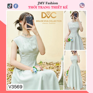 V3569 Váy xanh xoè dự tiệc sang chảnh váy đính cổ đá xiết eo sang chảnh