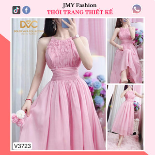V3723 Váy hồng xoè dài cổ yếm đi biển [Dolce Viva Colection (DVC)] váy đầm hồng cổ yếm đính hoa nổi sang chảnh
