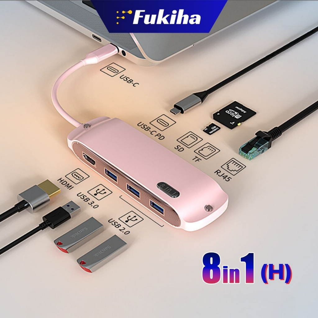 Hub USB Type C Fukiha 8 in 1 Pink Chubby⚡️Chỉ Có Tại Fukiha⚡️ Type C to HDMI Lan Đầu Đọc Thẻ Nhớ SD USB 3.0