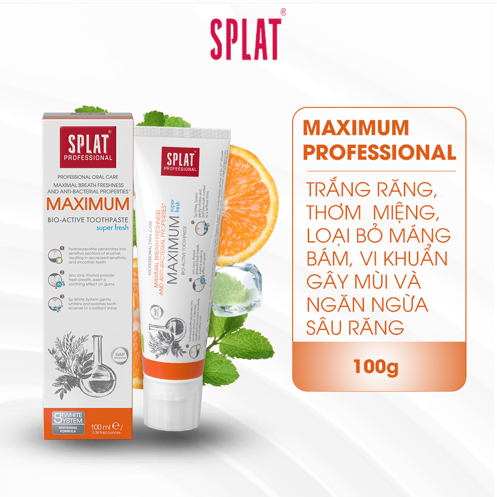 Kem Đánh Răng Trắng Răng SPLAT Maximum Professional series Loại Bỏ Máng Bám, Vết Ố Vàng, Giữ Hơi Thở Thơm Mát 100ml