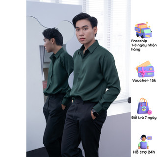 Áo sơ mi xanh giấu nút form rộng tay dài cổ vest MÀU TRẮNG vải lụa mát unisex