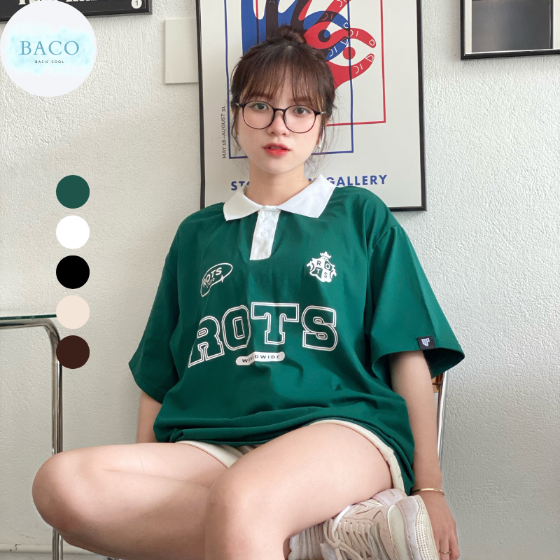 Áo thun polo nam nữ có cổ BACO, thun tay lỡ form rộng in chữ ROTS 5 màu cực đẹp