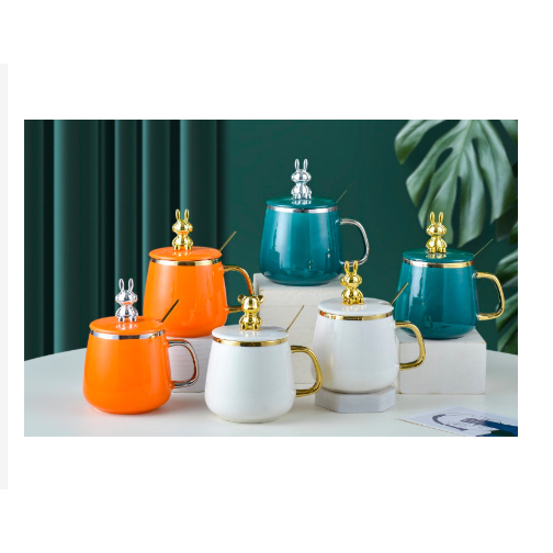 Cốc sứ nắp thỏ - Cốc Uống Nước Bằng Sứ Có Nắp Và Muỗng Thiết Kế Đơn Giản Phong Cách Bắc Âu Sang Trọng