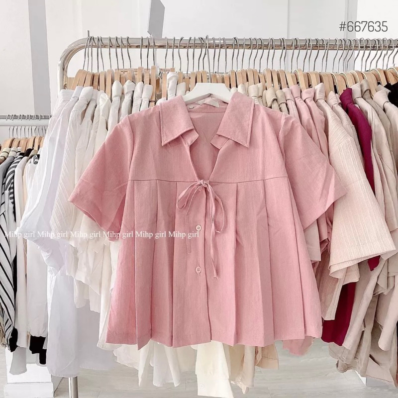 Áo sơ mi nữ dáng ngắn xoè dập ly to thắt dây nơ cổ trụ bẻ ngắn tay màu trơn dịu dàng TV-FASHION.