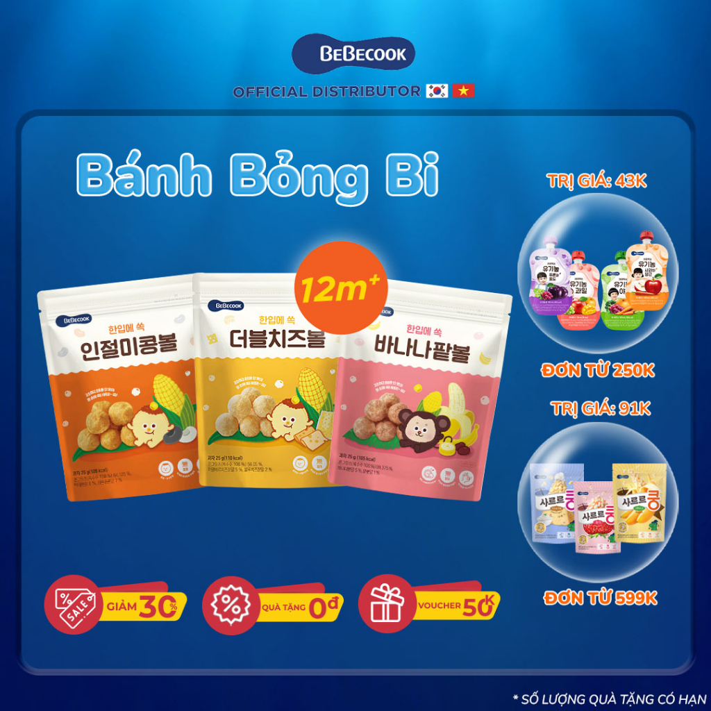 Bánh ăn dặm cho bé BeBecook dạng bỏng bi nhiều hương vị hữu cơ hấp dẫn cho mẹ dễ lựa chọn cho trẻ tập ăn 25gr/gói