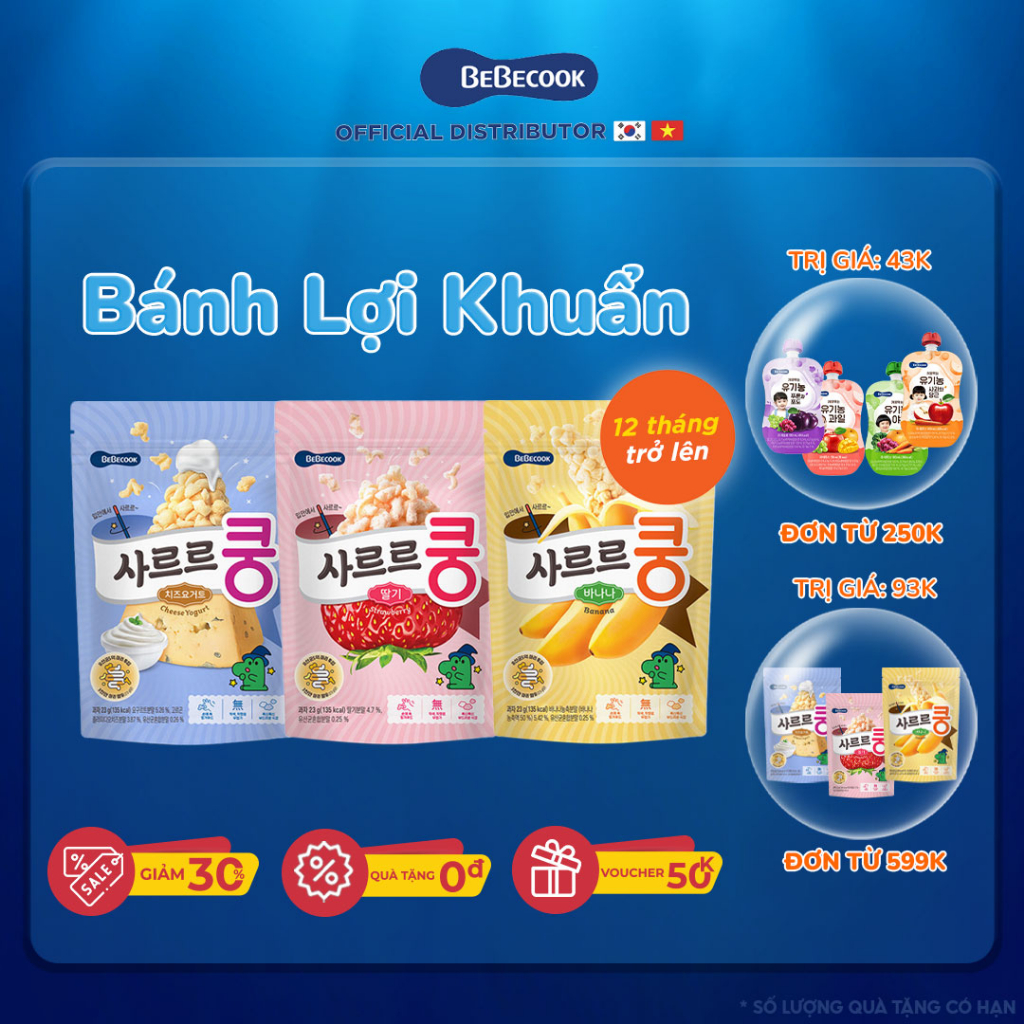 Bánh bỏng lợi khuẩn ăn dặm cho bé BeBecook nhiều hương vị giúp trẻ dễ dàng hấp thụ 23gr/gói