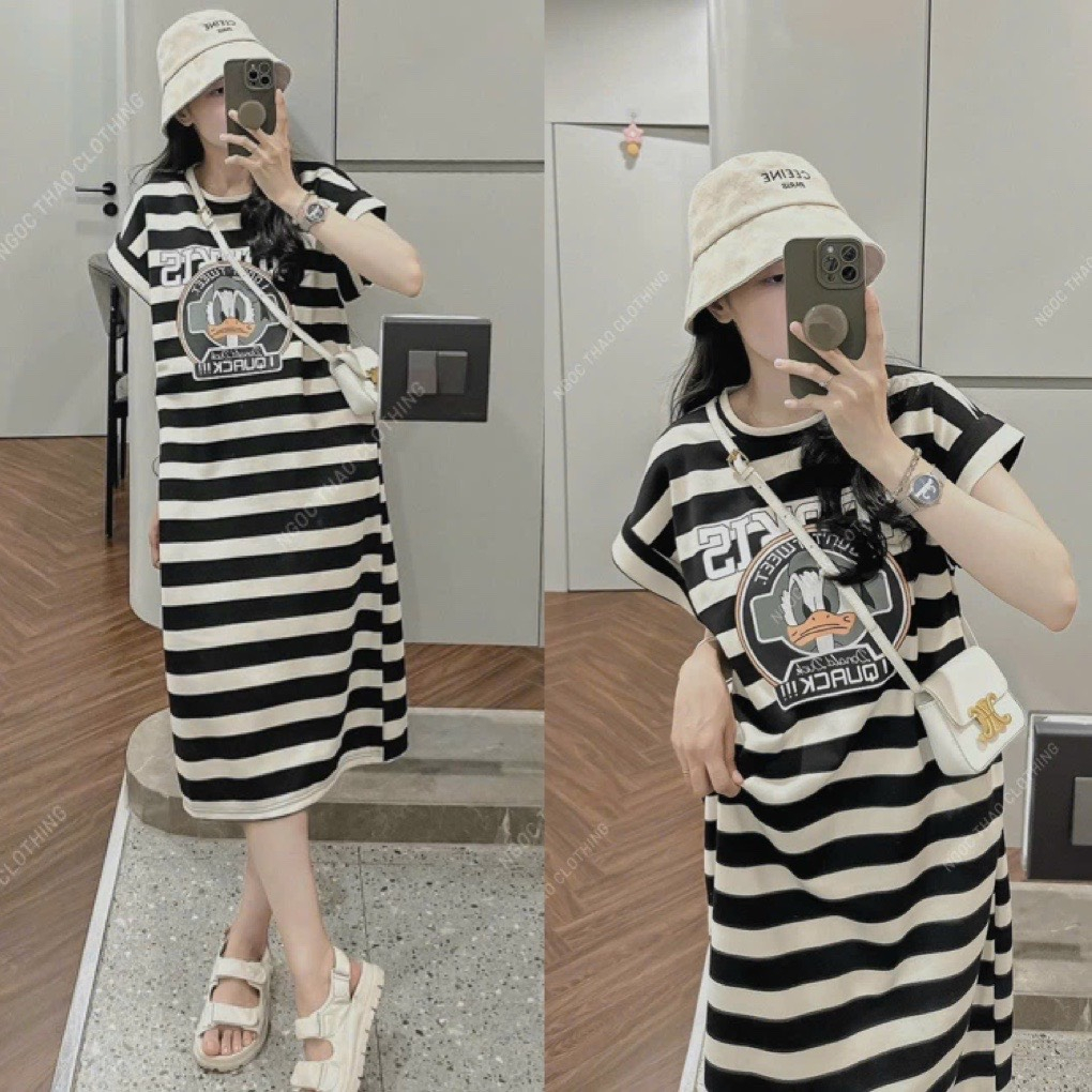 Váy Suông Kẻ Ngang Tay Hến In Vịt Donal Đầm Phông Xuông Dáng Rộng Freesize S027