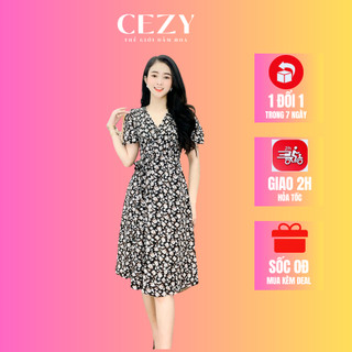 Đầm hoa nhí cổ v dáng xòe phối nút dây thắt nơ eo có size bigsize CEZY D38