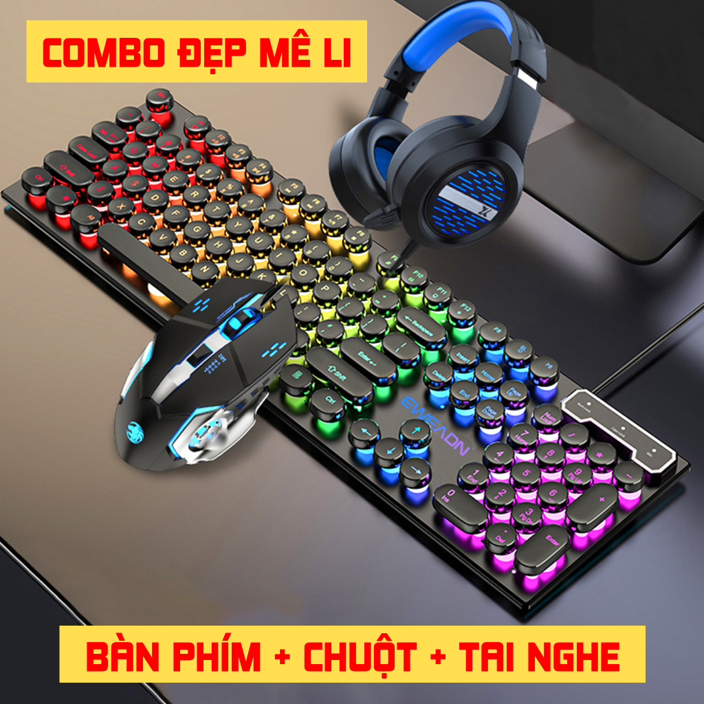 COMBO Bàn phím gaming EWEADN giả cơ nút tròn cao cấp + Chuột + Tai nghe có đèn Led RGB chống nước chuyên chơi game