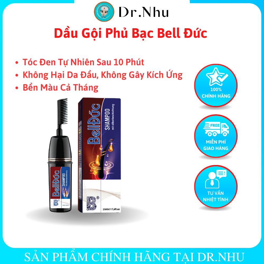 Dầu Gội Nhuộm Tóc Phủ Bạc Bell Đức Chính Hãng, Không Hại Da Đầu, Không Kích Ứng, Đen Nhanh, Bền Màu, Chai 250g- Dr.Nhu