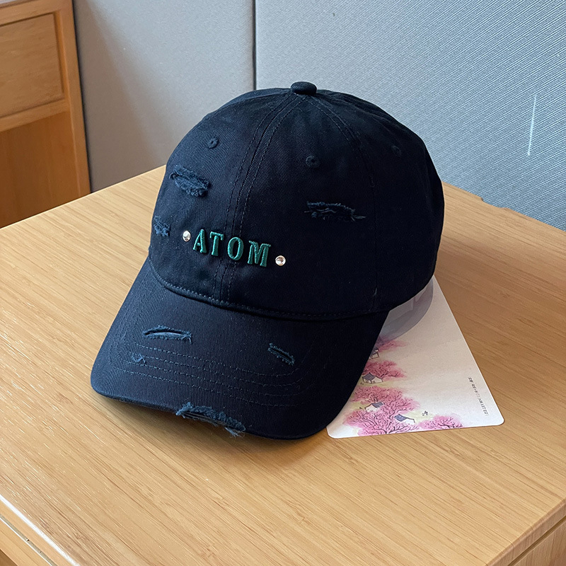 Mũ lưỡi trai LOULI SAIGON thêu chữ ATOM thiết kế rách cá tính, chất vải kaki