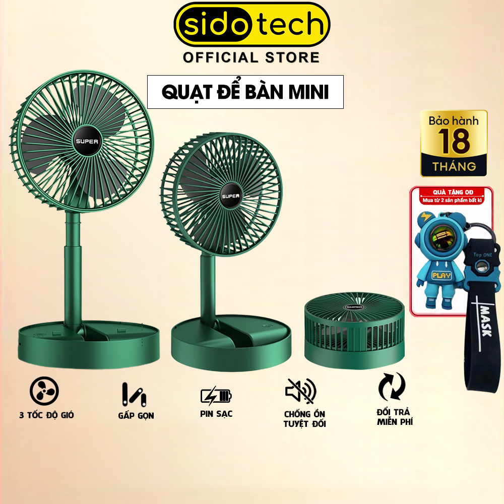 Quạt mini gập gọn để bàn SIDOTECH S6 quạt tích điện pin sạc 3 cấp độ gió làm mát nhanh giá đỡ điện thoại cho mùa hè