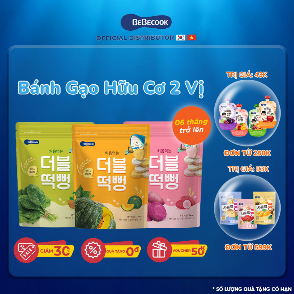 Bánh ăn dặm cho bé hai vị gạo và rau củ BeBecook giúp trẻ ăn ngon miệng tiêu hoá tốt 30gr/gói