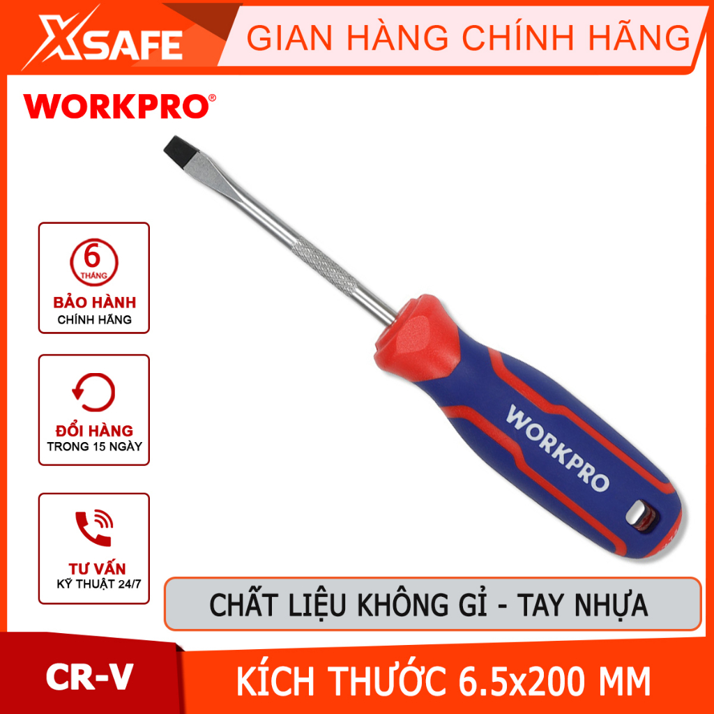 Tua vít đầu dẹt vít Workpro - WP221021 , tay cầm bọc nhựa cao su 3 màu, chống trơn trượt kích thước 6.5x200mm, thép hợp