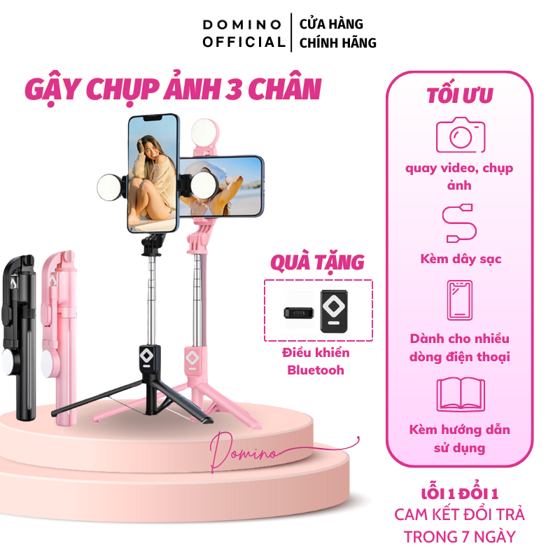 Gậy Chụp Ảnh 3 Chân Domino Nhỏ Gọn Có Đèn Và Điểu Khiển Bluetooh
