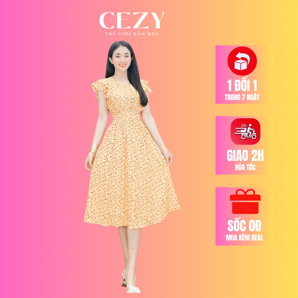 Đầm hoa nhí cổ tròn xếp ly ngực tay bèo dây thắt nơ eo có size bigsize CEZY D52