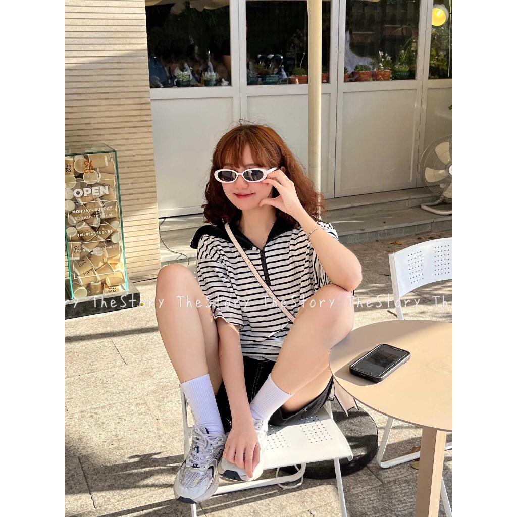 Áo thun sọc ngang tay ngắn có bèo trắng đen  A3093