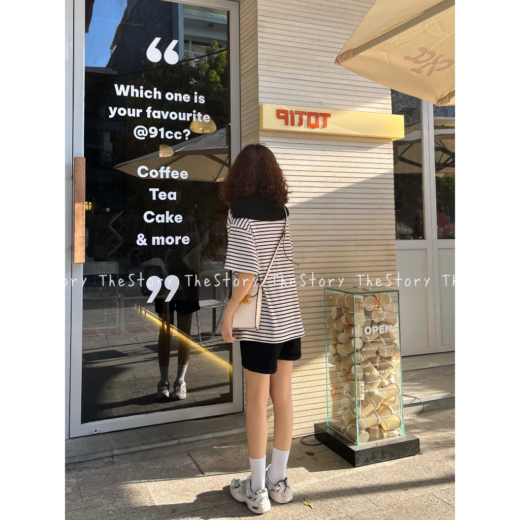 Áo thun sọc ngang tay ngắn có bèo trắng đen  A3093