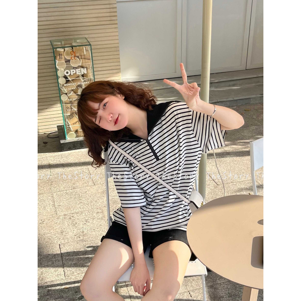 Áo thun sọc ngang tay ngắn có bèo trắng đen  A3093