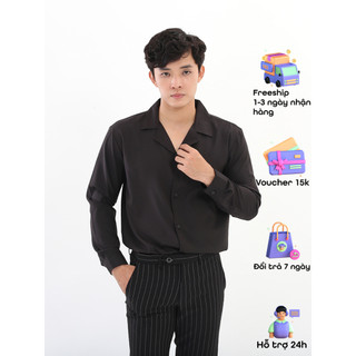 Áo sơ mi xanh đậm giấu nút, cổ vest trơn dài tay form rộng hai màu trắng đen vải lụa mềm