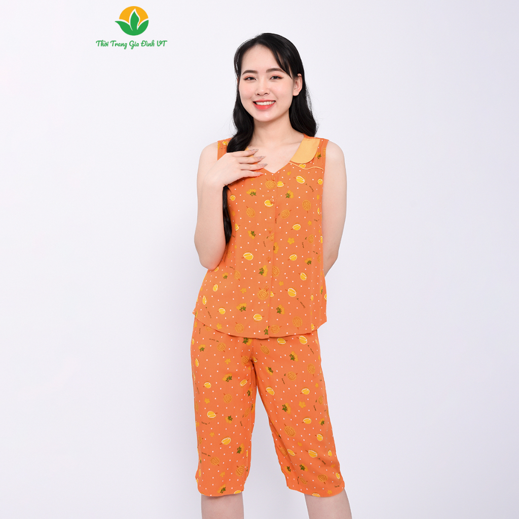 Bộ mặc nhà mùa hè thời trang Việt Thắng, quần lửng, áo sát nách chất Lanh B05.2306