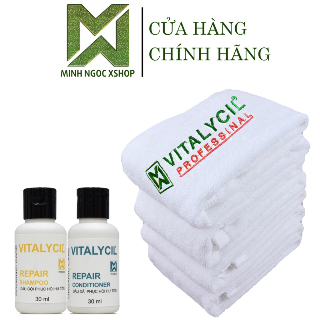 (Quà tặng) Set mini dầu gội xả phục hồi Vitalycil Repair 30ML và khăn bông tắm cao cấp Vitalycil