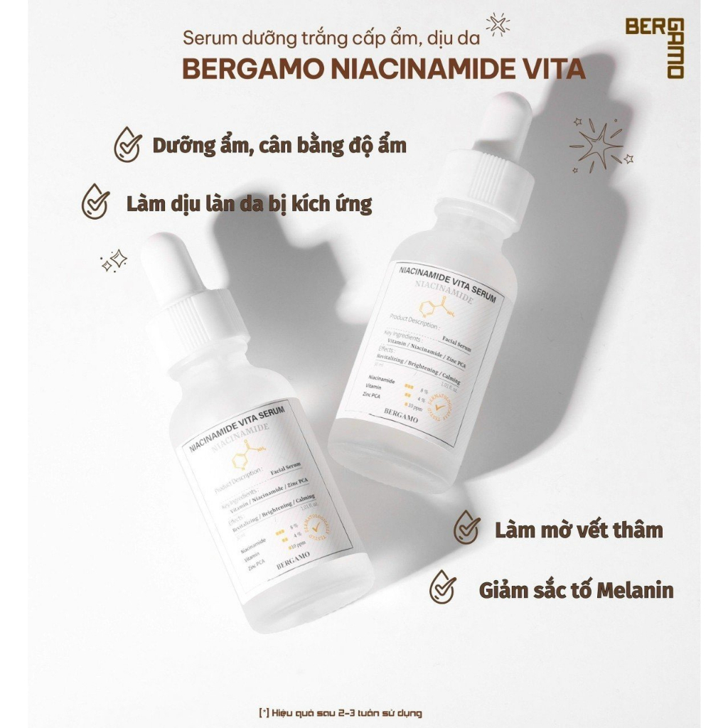 Tinh chất Giảm Mụn Và Mờ thâm Giúp Se Khít Lỗ Chân Lông Bergamo Niacinamide Vita Serum