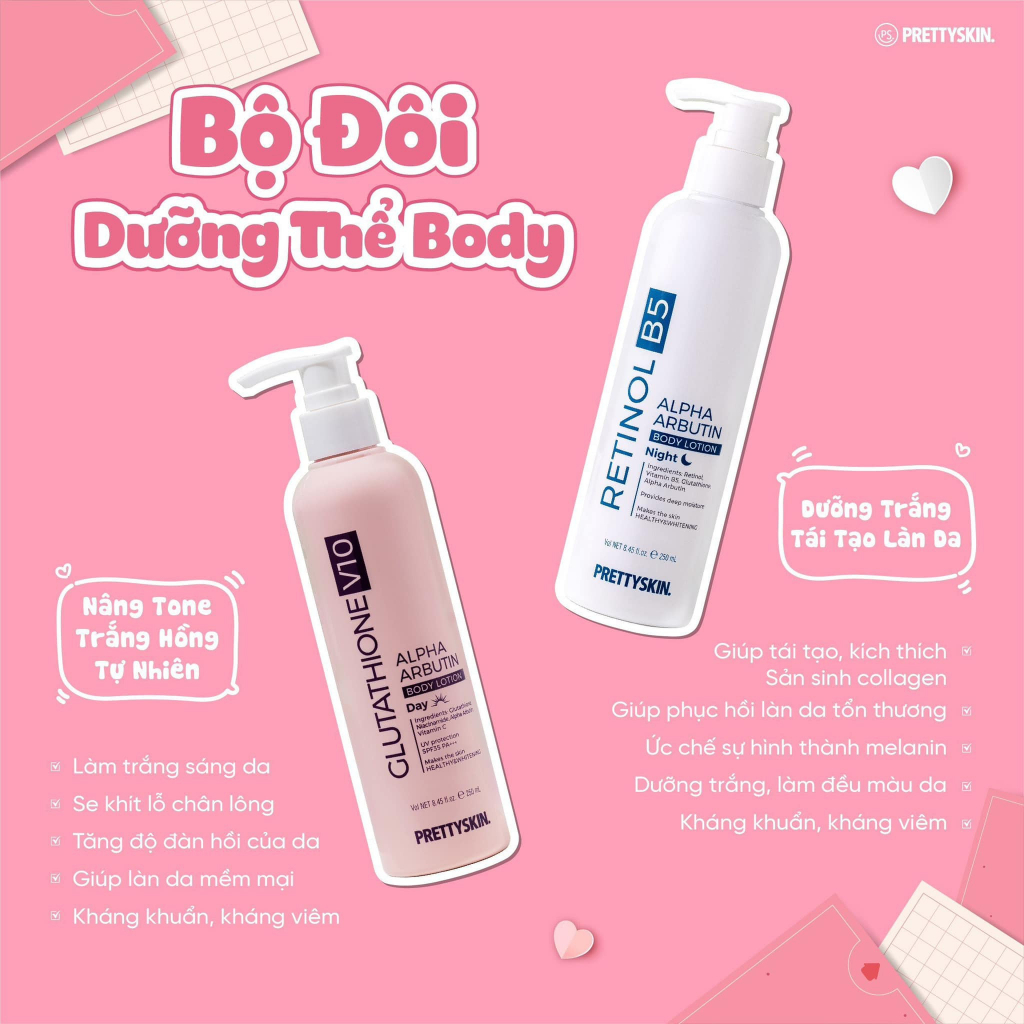 Kem dưỡng body PrettySkin ⚡ GIÁ TỐT ⚡ Kem dưỡng trắng body ban ngày và ban đêm - chống nắng và nâng tone hiệu quả