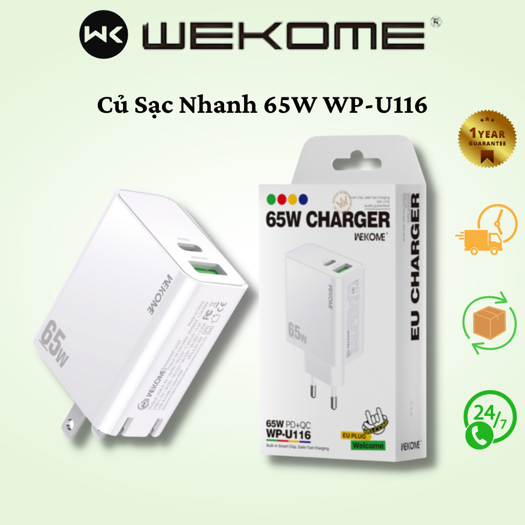 Củ Sạc Siêu Nhanh WEKOME WP-U116 Sạc 65W 2 Cổng PD và USB QC