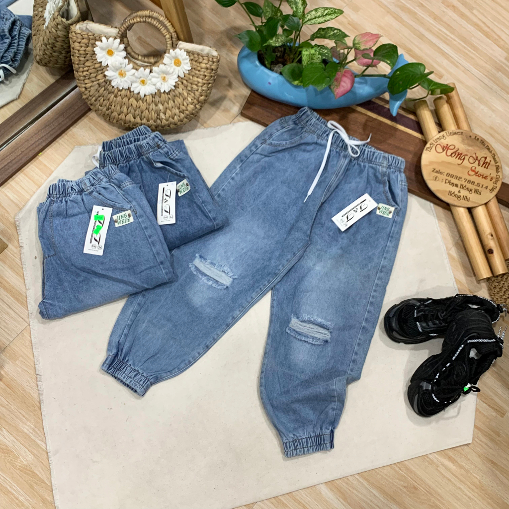 Quần Baggy Jogger Jean Lưng Thun SIZE ĐẠI Lửng 9 Tấc Rách Gối Cạp Cao Dáng Rộng Ulzzang