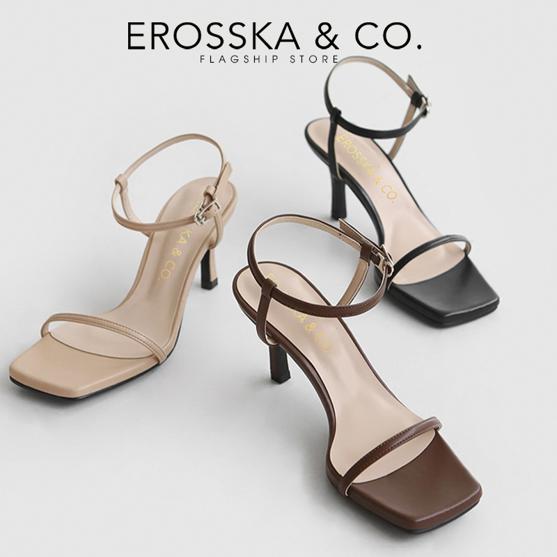 Erosska - Giày sandal cao gót nữ mũi vuông quai mảnh cao 7cm màu nude - EB062