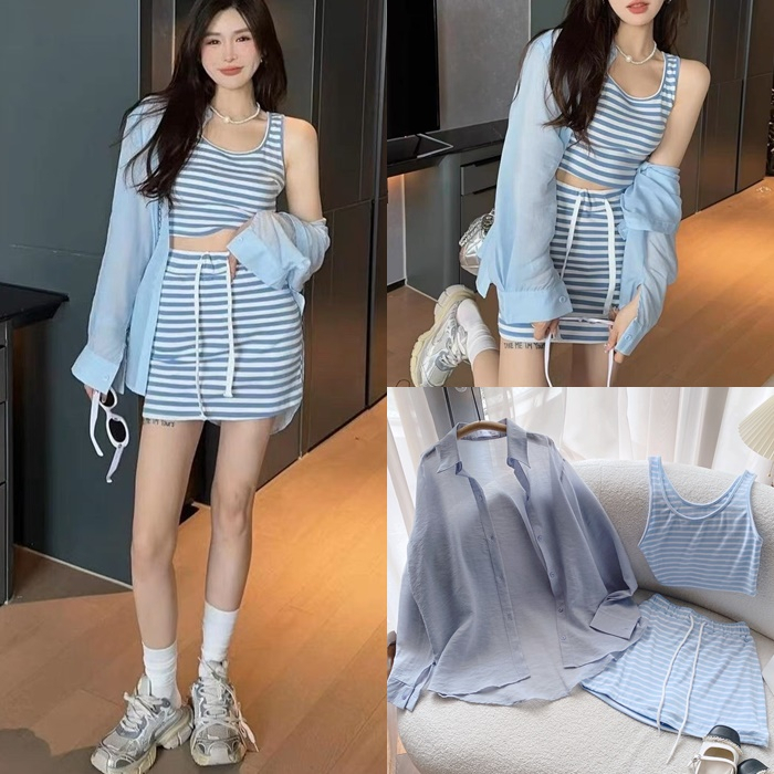 ĐẦM NGẮN SET ÁO CROPTOP THUN 2 DÂY 3 LỖ ÔM BODY XANH PASTEL + CHÂN VÁY CHỮ A SỌC + SƠ MI RỘNG SUÔNG TRƠN DẠO PHỐ ĐI CHƠI