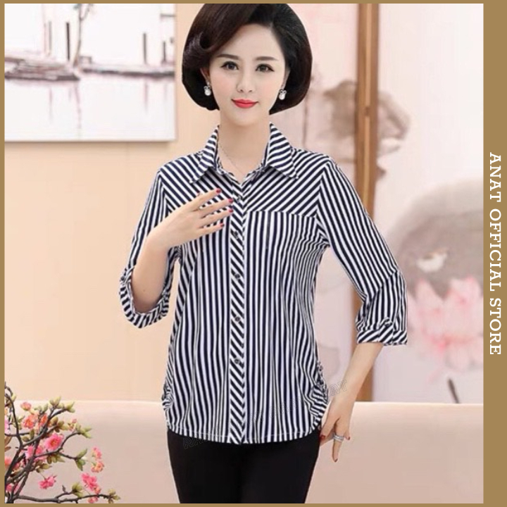 Áo Sơ Mi Trung Niên Kẻ Sọc Tay Lỡ Quà Tặng Bà Tặng Mẹ-Khuy Nút Cách Điệu Các Mẹ Rất Ưng SMK02