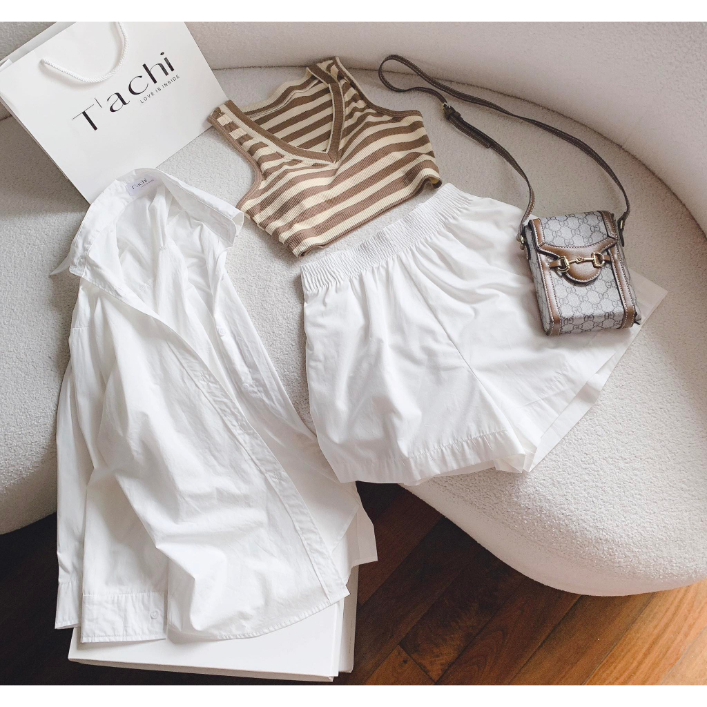 SET SƠ MI TRẮNG + ÁO CROP SỌC NÂU CỔ TIM + SHORT