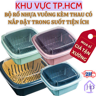  Bộ Rổ Vuông Kèm Thau Có Nắp Đậy TRong Suốt, Bộ Rổ 3in1 Đựng Hoa Quả, Rau Củ Giúp Ráo Nước Chất Liệu Nhựa PP