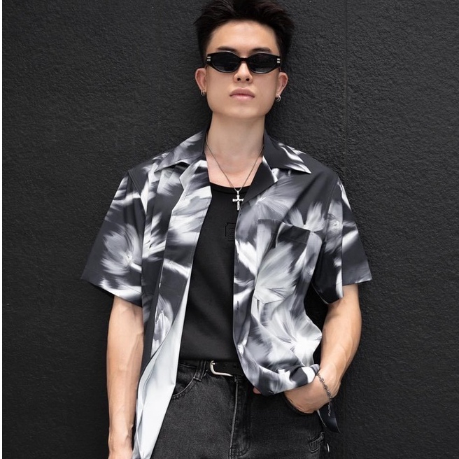 Áo sơmi ngắn tay cổ cuban dáng relax-fit họa tiết 2 màu 21ST URBAN Black Motion Fleur