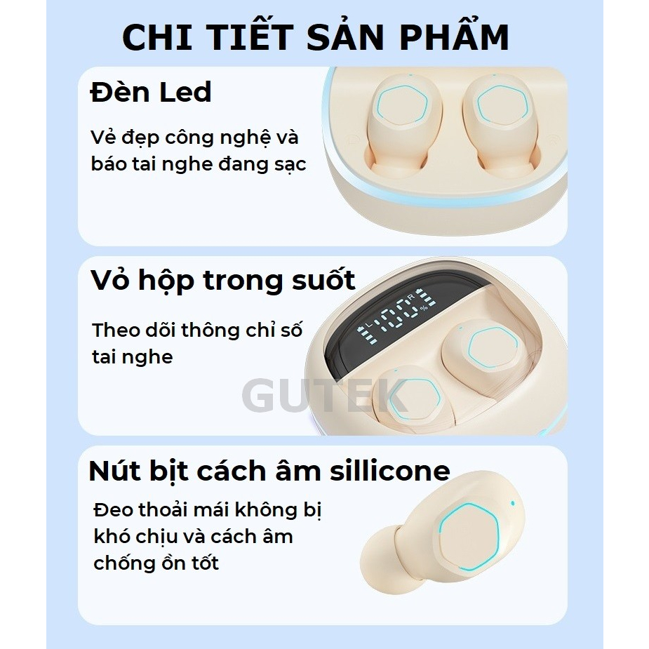 Tai nghe bluetooth nhét tai không dây Gutek M41 bản 5.3 bass trầm ấm tích hợp micro
