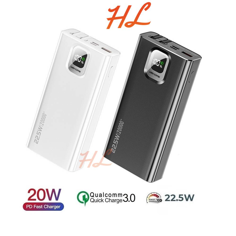 Pin Dự Phòng Wekome WP-335 20000mAh (Tích hợp 2 cáp sạc - Sạc Nhanh PD20W và QC3.0, 22.5W) - Hưng Long PC