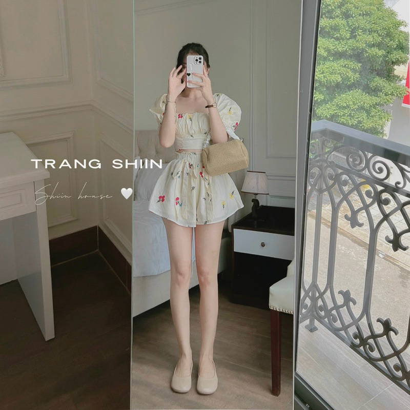 Set xô thêu hoa dễ thương phối nơ xinh - Trang Shiin