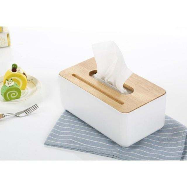 Hộp Đựng Khăn Giấy Nắp Gỗ Để Bàn Hình Chữ Nhật Có Rãnh Cài Điện Thoại