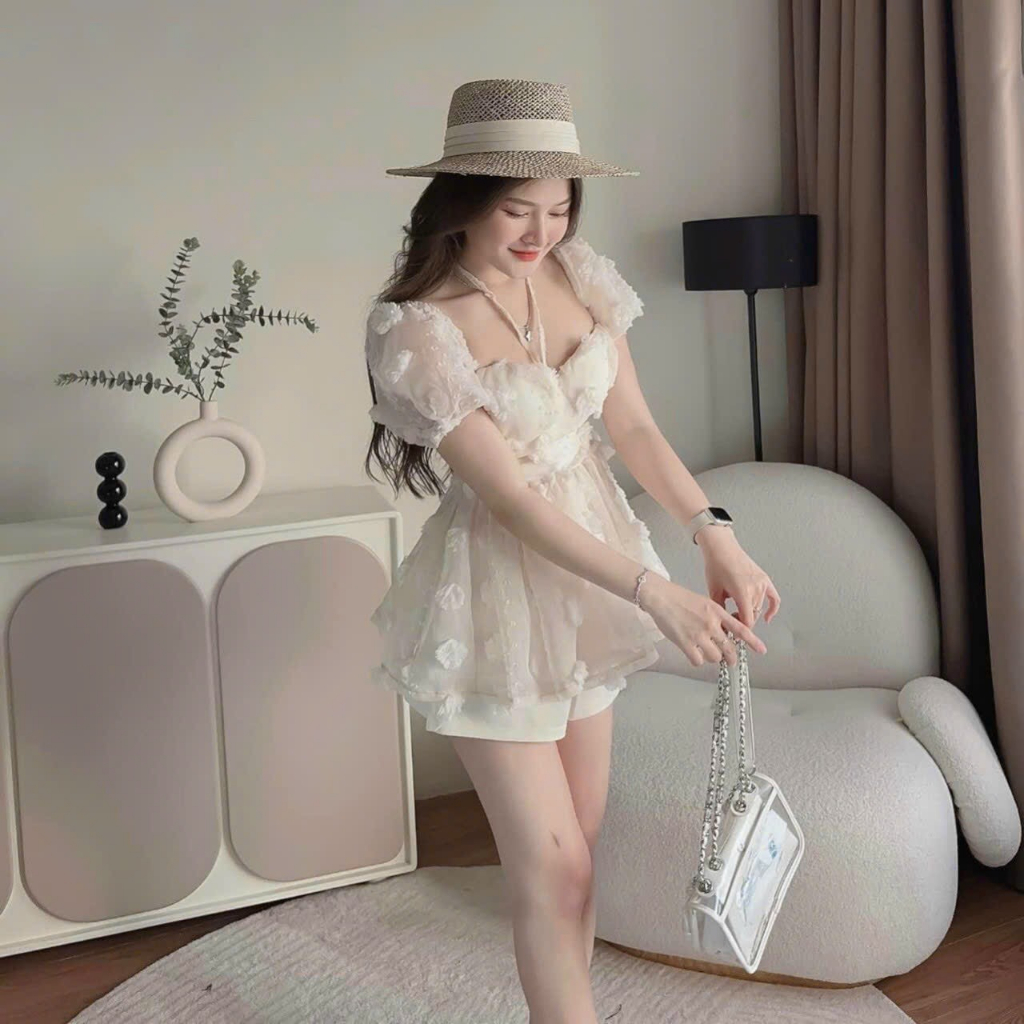 [6.6 Sales Freeship] Set bộ đùi xô bông cổ yếm tay phồng cột dây cổ mix quần short đùi, set xô bông đi biển siêu xinh dx