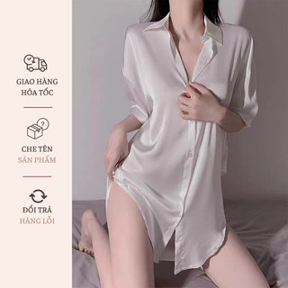 Váy ngủ dáng áo sơmi  Áo sơmi form rộng, lụa trơn, dáng dài vạt cao Áo Sơ Mi Ngủ Sexy Lụa Satin Mềm Dáng Rộng Quyến Rũ -Áo Sơ Mi Voan Phong Cách Gợi Cảm Cho Nữ Mặc Nhà