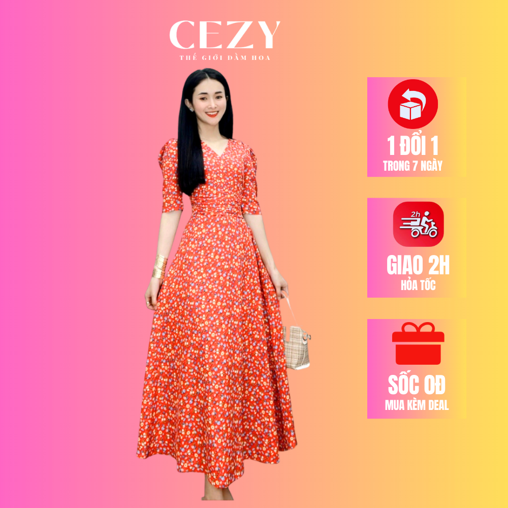 Đầm hoa nhí cổ v tay phồng nhún eo có size bigsize CEZY D64