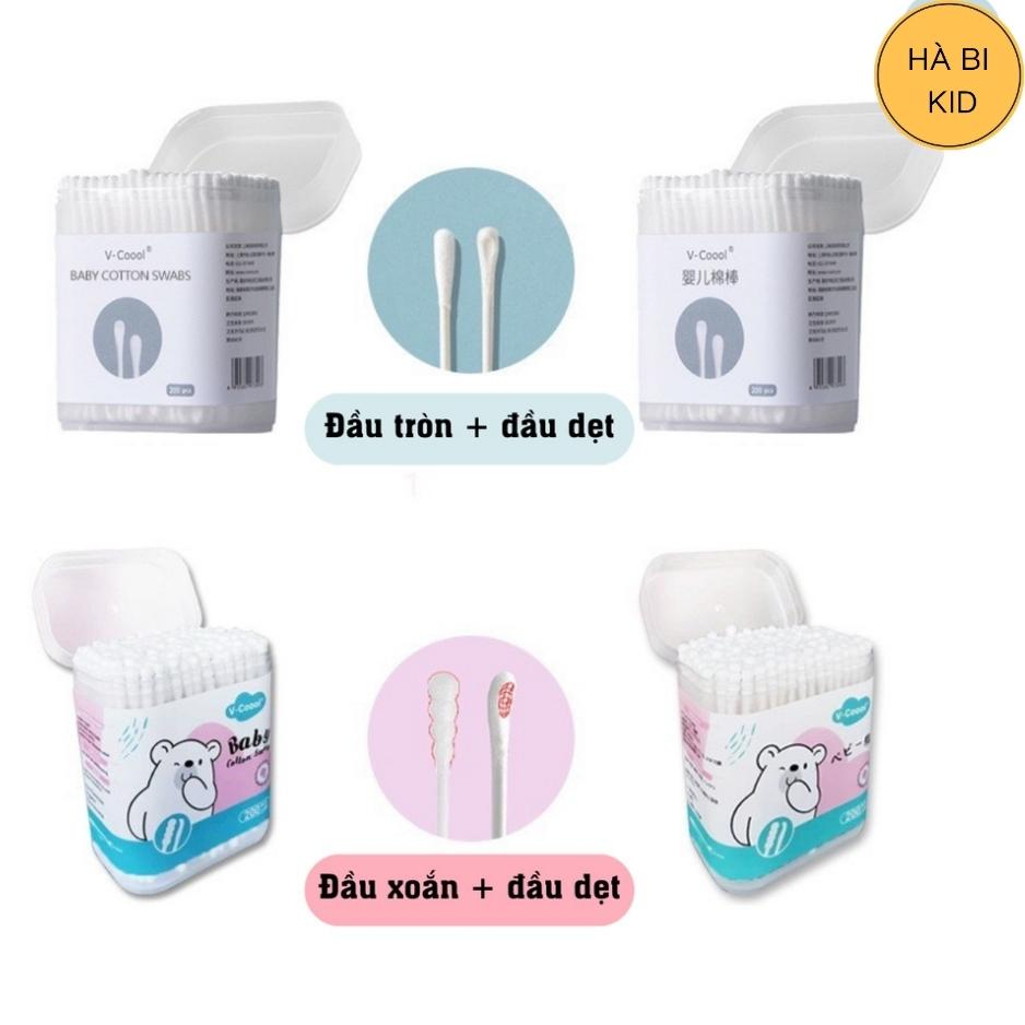 Tăm bông cho bé sơ sinh VCoool, hộp 200 que, bông tự nhiên kháng khuẩn an toàn cho trẻ, sử dụng tiện lợi Habikid