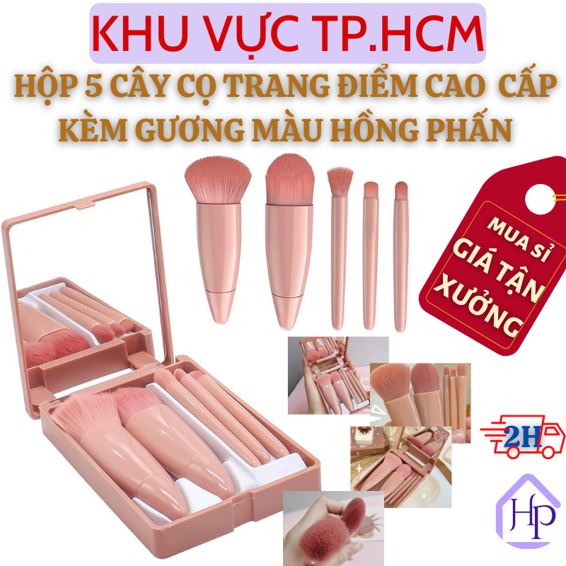 Hộp 5 Cây Cọ Trang Điểm Cao Cấp Kèm Gương Màu Hồng Phấn, Bộ Cọ Make Up Chuyên Dụng Nhỏ Gọn Dễ Mang Theo
