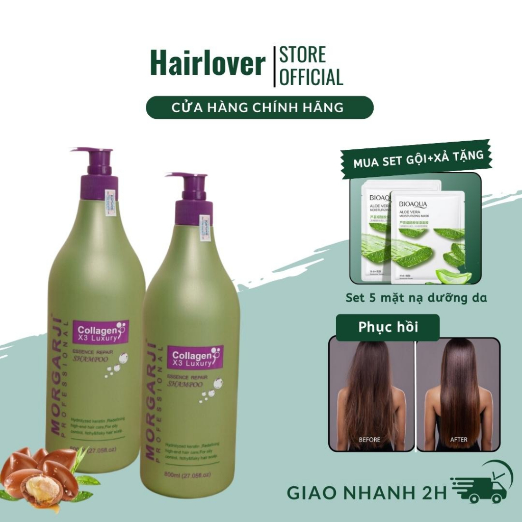 Dầu gội Collagen MORGARJI 800mlx2 phục hồi tóc mềm mượt, kiềm dầu, chống rụng tóc hương nước hoa chính hãng- HAIRLOVER