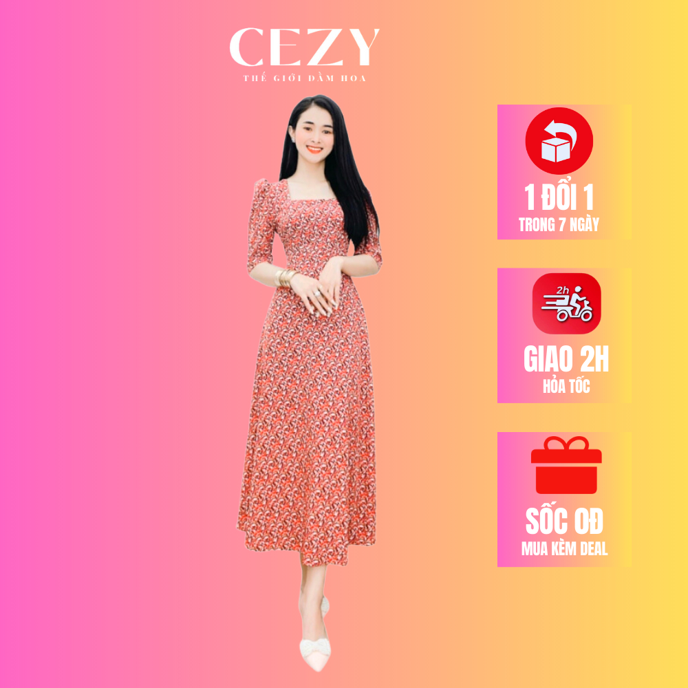 Đầm hoa nhí cổ vuông tay phồng bo chun có size bigsize CEZY D78